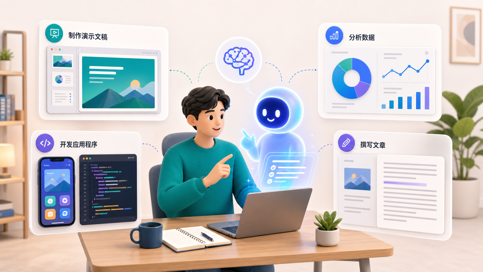 普通用户使用 AI 制作演示文稿、分析数据、开发应用和撰写文章的示意图