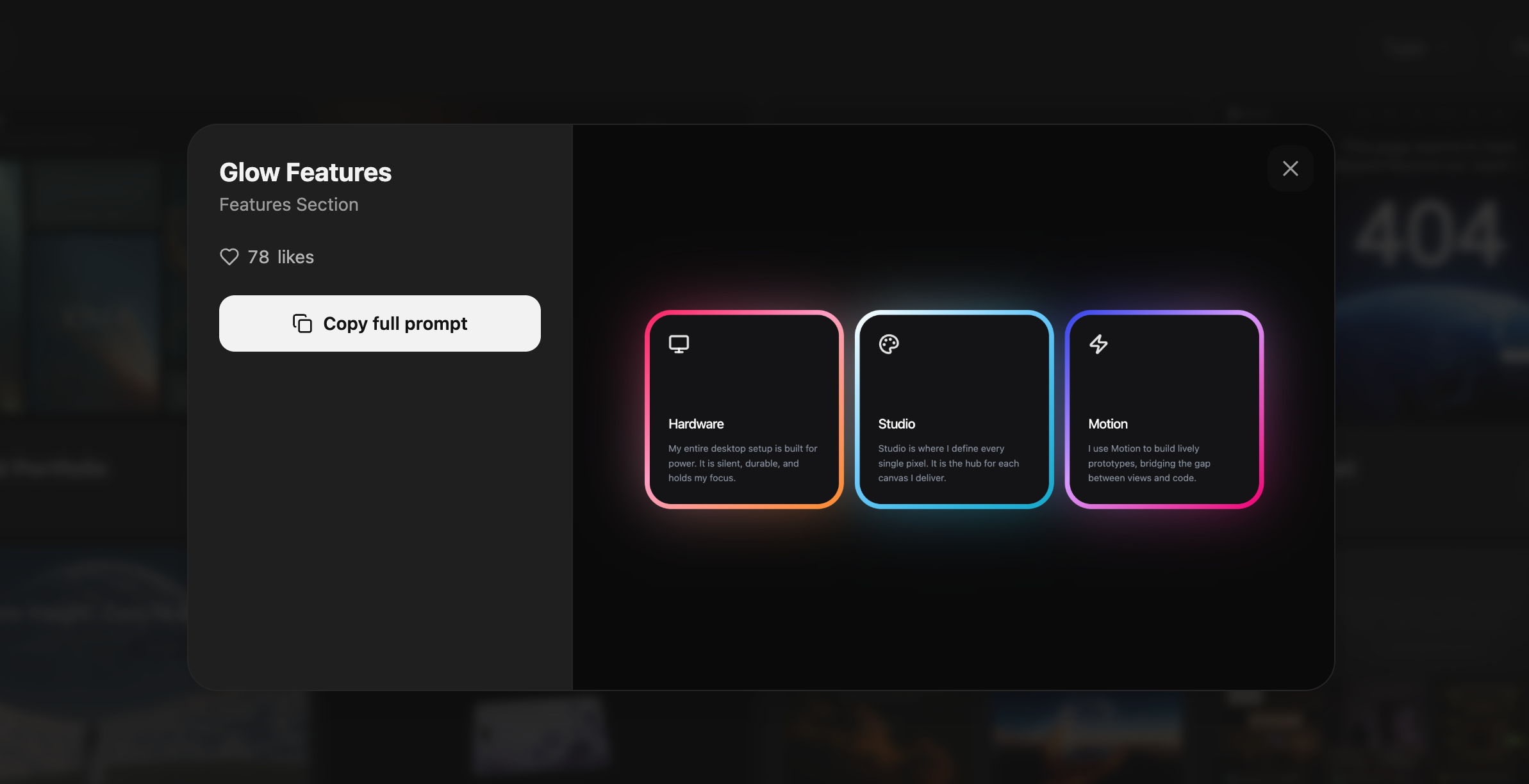 MotionSites 的 Glow Features 提示词详情弹窗，展示可复制完整提示词的功能界面