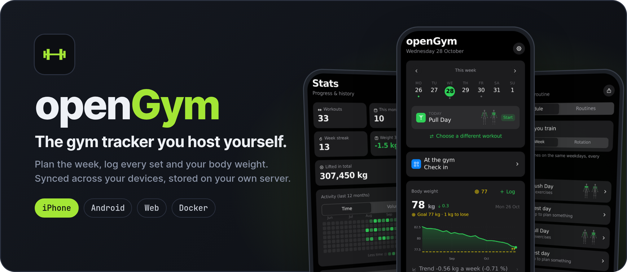 openGym 项目主视觉:自托管健身追踪界面总览